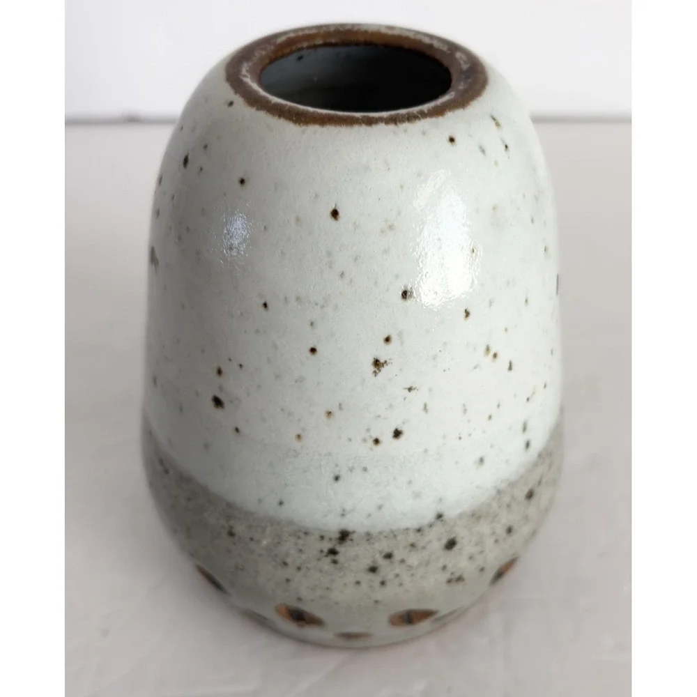 Studio Art Pottery Vase Egg Shape Glazed Three tone Gray Speckled Signed Bud